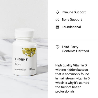 THORNE Vitamin D3 Supplement - Supports Healthy Bones, Teeth Muscles, Cardiovascular & Immune Function* - Gluten, Dairy & Soy-Free - 1,000 IU - 90 Capsules