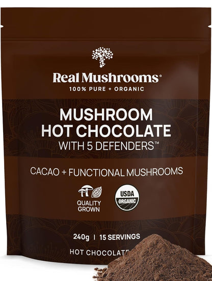 Real Mushrooms Unsweetened Organic Hot Chocolate Mix with 5 Defenders Turkey Tail, Chaga, Maitake, Shiitake, Reishi Mushroom - Cacao Powder Vegan Supplement, 15 Servings