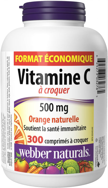 Webber Naturals Vitamin C Chewable 500 mg, 300 Tablets, Value Size