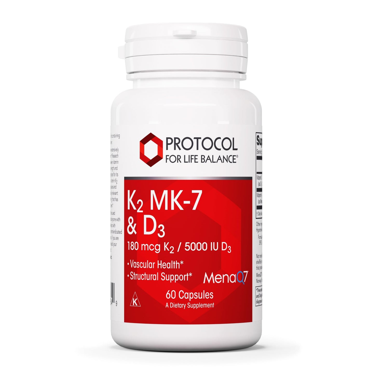 PROTOCOL FOR LIFE BALANCE - K2 MK-7 and D3 - Vascular Health and Structural Support, Bone Strength, Appetite Suppressant, Natural Weight Loss, Supports Calcium Absorption - 60 Veg Capsules