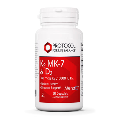 PROTOCOL FOR LIFE BALANCE - K2 MK-7 and D3 - Vascular Health and Structural Support, Bone Strength, Appetite Suppressant, Natural Weight Loss, Supports Calcium Absorption - 60 Veg Capsules