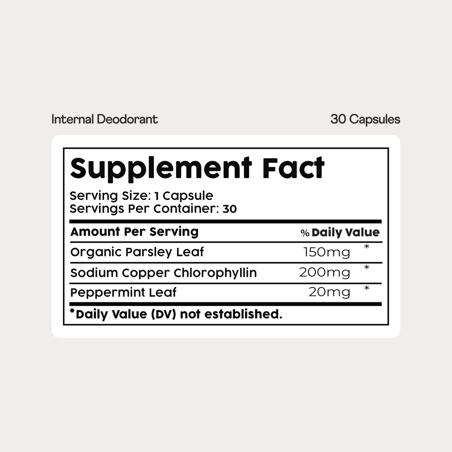 Nuray Internal Deodorant Supplement | Natural Chlorophyll 30 Capsules for Body Odor Control, Gut Health, and Fresh Breath | Vegan, Detox Support, & Skin Health | Odor Eliminator for Men & Women