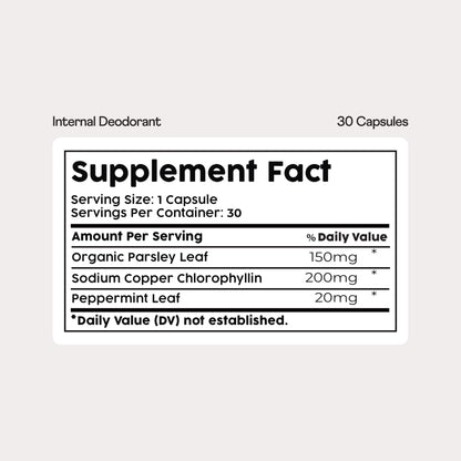 Nuray Internal Deodorant Supplement | Natural Chlorophyll 30 Capsules for Body Odor Control, Gut Health, and Fresh Breath | Vegan, Detox Support, & Skin Health | Odor Eliminator for Men & Women