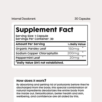 Nuray Internal Deodorant Supplement | Natural Chlorophyll 30 Capsules for Body Odor Control, Gut Health, and Fresh Breath | Vegan, Detox Support, & Skin Health | Odor Eliminator for Men & Women