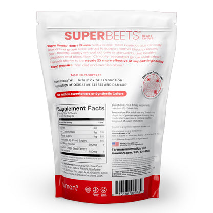 HumanN SuperBeets Heart Chews, Nitric Oxide and Blood Pressure Support, Grape Seed Extract & Non-GMO Beet Root Powder Energy, Pomegranate Berry Flavor, 180 Count