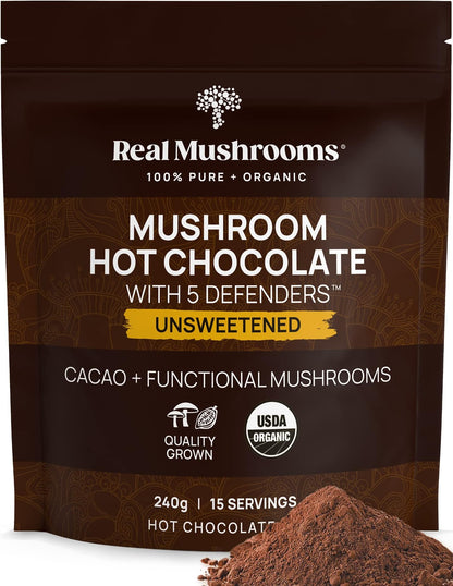 Real Mushrooms Unsweetened Organic Hot Chocolate Mix with 5 Defenders Turkey Tail, Chaga, Maitake, Shiitake, Reishi Mushroom - Cacao Powder Vegan Supplement, 15 Servings