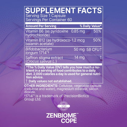 Microbiome Labs Zenbiome COPE - Probiotic Mood Support Supplement with Vitamin B6, B12 & Saffron Extract - Promotes Better Occasional Stress Coping (60 Capsules)