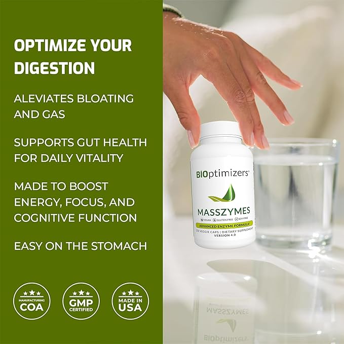 BiOptimizers MassZymes 250 Capsules Digestive Enzymes Supplement for Gut Health