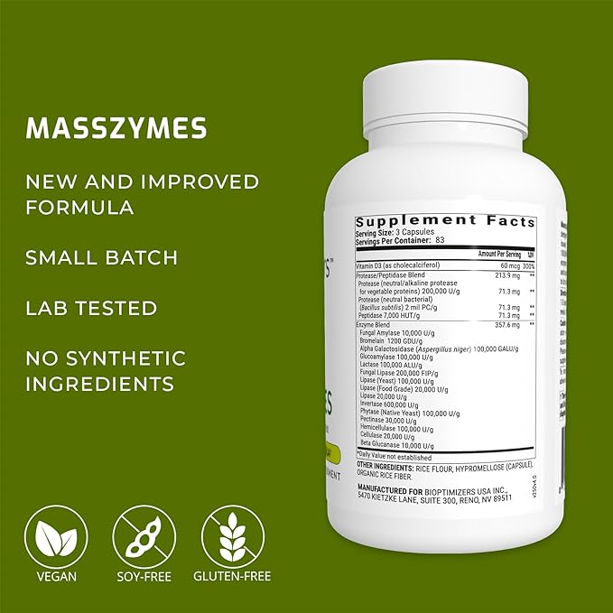 BiOptimizers MassZymes 250 Capsules Digestive Enzymes Supplement for Gut Health