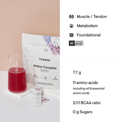 THORNE - Amino Complex - Clinically-Validated EAA and BCAA Powder for Pre or Post-Workout - Promotes Lean Muscle Mass & Energy Production* - NSF Certified for Sport - 30 Servings - 8.15 Oz - Berry