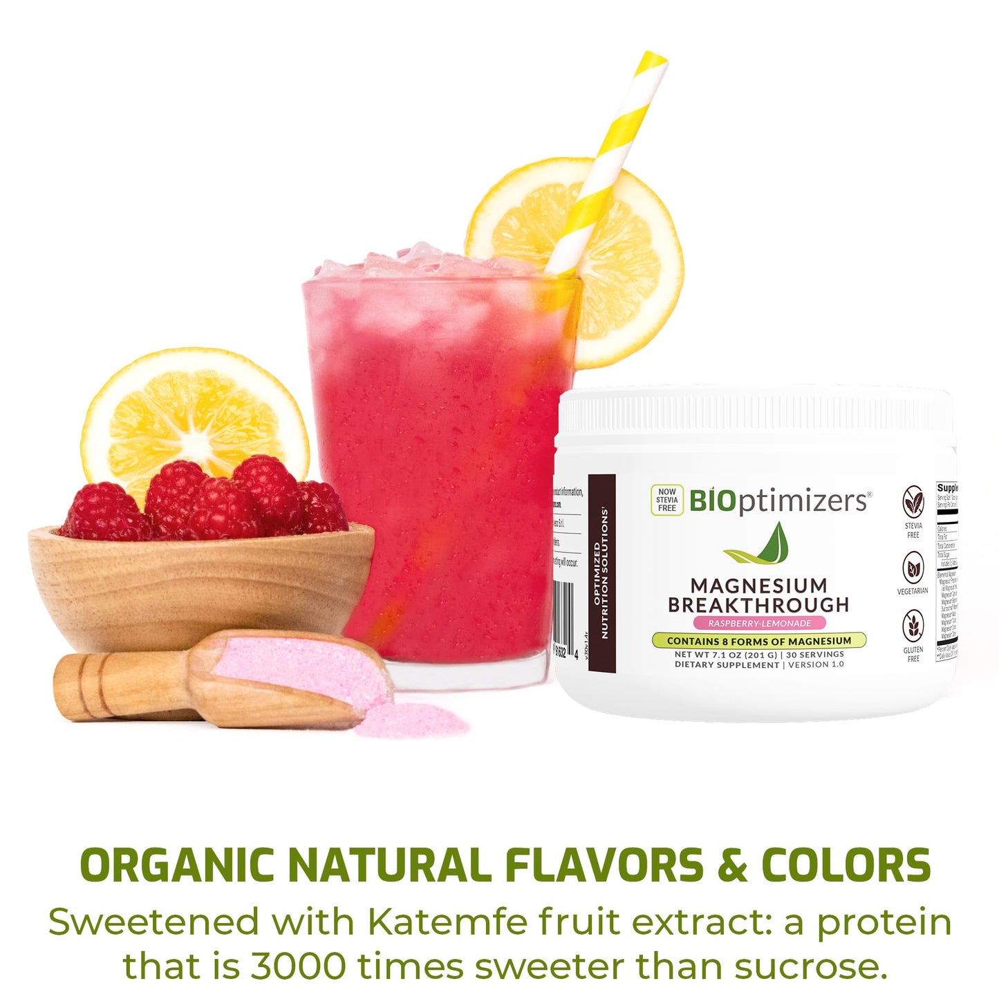 BIOptimizers Magnesium Breakthrough Drink Raspberry Lemonade - 8 Forms of Magnesium: Glycinate, Malate, Citrate, and More - Natural Sleep and Brain Supplement – 6 oz (30 Servings)