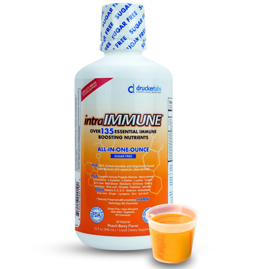 Drucker Labs -IntraIMMUNE Organic Liquid Daily Immune & Defense Support, Multivitamin, Elderberry, Echinacea, Zinc, Vitamin D, C E, Vegan, Non GMO, Gluten Free (32 oz., Sugar Free Peach Berry)