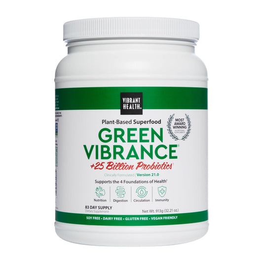 Vibrant Health, Green Vibrance, Includes 65 Plant-Based Superfoods, 25 Billion Probiotics, Fiber, Adaptogens & Enzymes, 83 Servings (FFP)