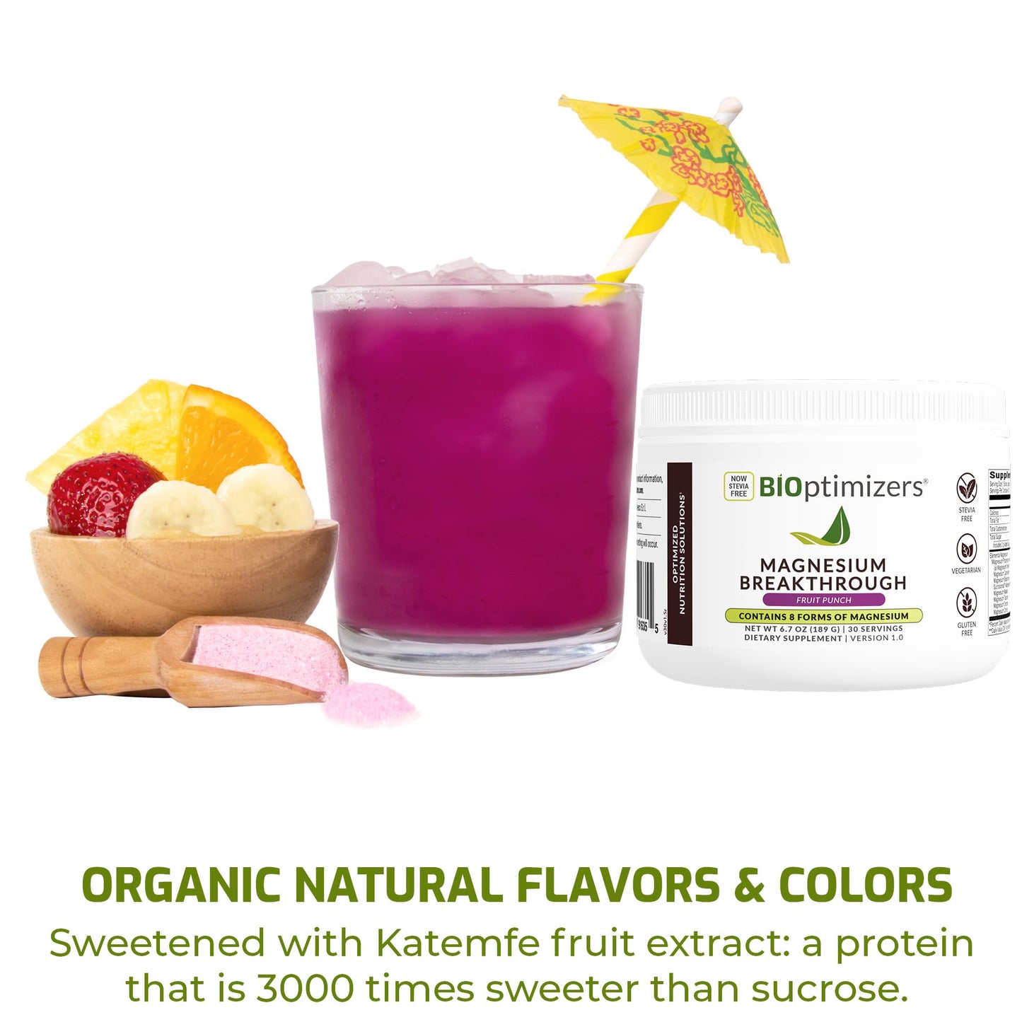 BIOptimizers Magnesium Breakthrough Drink Fruit Punch - 8 Forms of Magnesium: Glycinate, Malate, Citrate, and More - Natural Sleep and Brain Supplement – 5.4 oz (30 Servings)