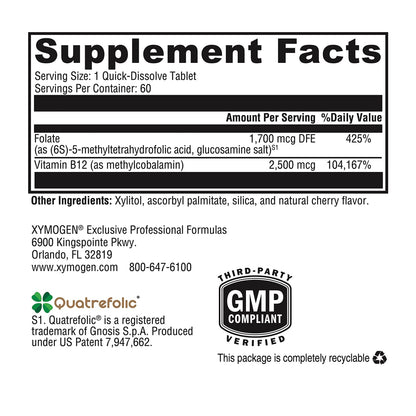 XYMOGEN 5-MTHF Plus B12 - Biologically Active Folate + Methyl B12 (Methylcobalamin) to Support Methylation and Nervous System Health - Great-Tasting Cherry Flavor (60 Quick-Dissolve Tablets)