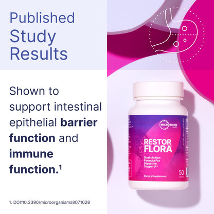 Microbiome Labs Restorflora Probiotics for Digestive Health - Gut Health Supplements with Dual Action Probiotics for Women, Men & Kids 5+ - Support Bowel Regularity & Immune Function (50 Capsules)