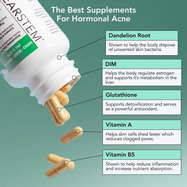 CLEARSTEM - MINDBODYSKIN Hormonal Acne Supplement (No 5-HTP) - Natural DIM Supplement - Skin Care Vitamins - Hormone Balance, Antioxidants - Vegan, Gluten Free, Cruelty Free - 30 Servings, 90 Capsules