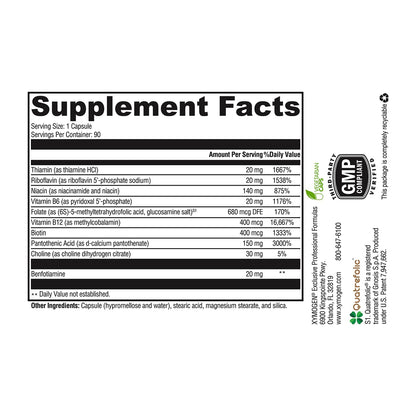 XYMOGEN B Activ Vitamin B Complex with Benfotiamine, Methylfolate, Biotin, Vitamin B6 - Energy Supplements Vitamin B12 (Methylcobalamin b12) - Adrenal Support + Mood Support Supplement (90 Capsules)