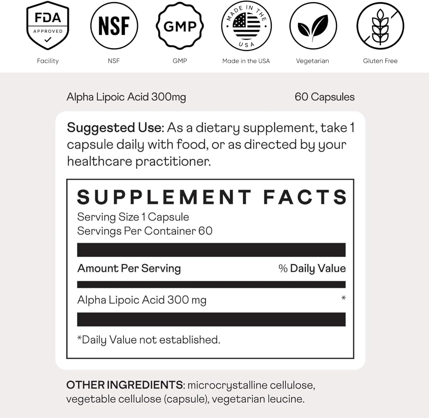 Nuray Alpha Lipoic Acid 300mg - Antioxidant Supplement for Healthy Aging, Supports Energy Production, Proper Nerve Function, Metabolism - 60 Vegetarian Capsules, Gluten-Free Dietary Supplement