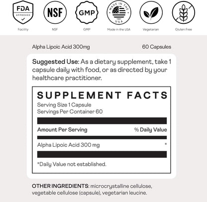 Nuray Alpha Lipoic Acid 300mg - Antioxidant Supplement for Healthy Aging, Supports Energy Production, Proper Nerve Function, Metabolism - 60 Vegetarian Capsules, Gluten-Free Dietary Supplement