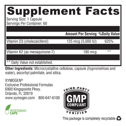 XYMOGEN K2-D3 Max - Vitamin D3 K2 with 180mcg VIT K Per Capsule - Bioavailable Vitamin D 5000 IU (Cholecalciferol) with Vitamin K2 MK-7 - Bone Health + Immune Support Supplement (60 Capsules)