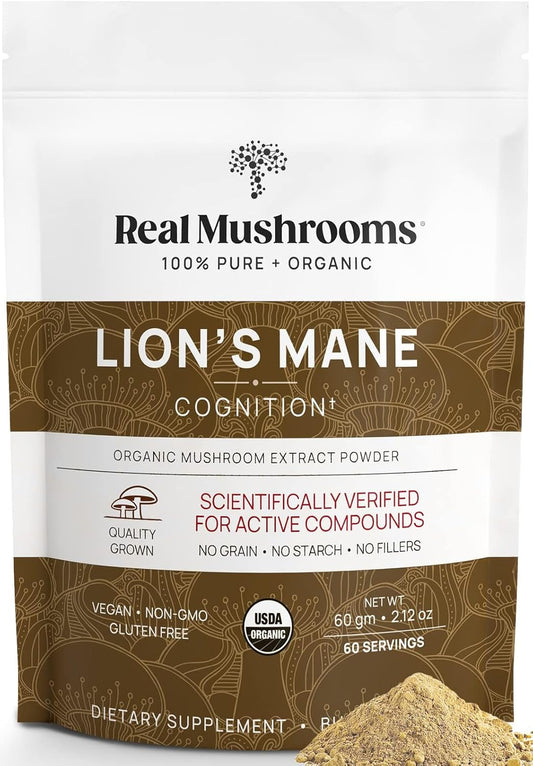 Real Mushrooms Lions Mane Powder - Organic Mushroom Extract for Cognitive Function Immune Support Brain Supplements Memory and Focus Vegan Supplement, 150 Servings