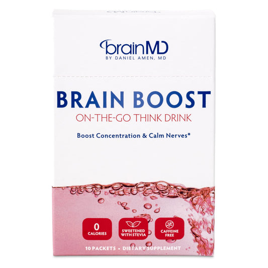 BRAINMD Dr Amen Brain Boost On The Go - 10 Packets, Berry Flavor - Nootropic Drink Powder, Promotes Focus, Clarity & Mental Energy - Caffeine Free, Gluten Free - 10 Servings