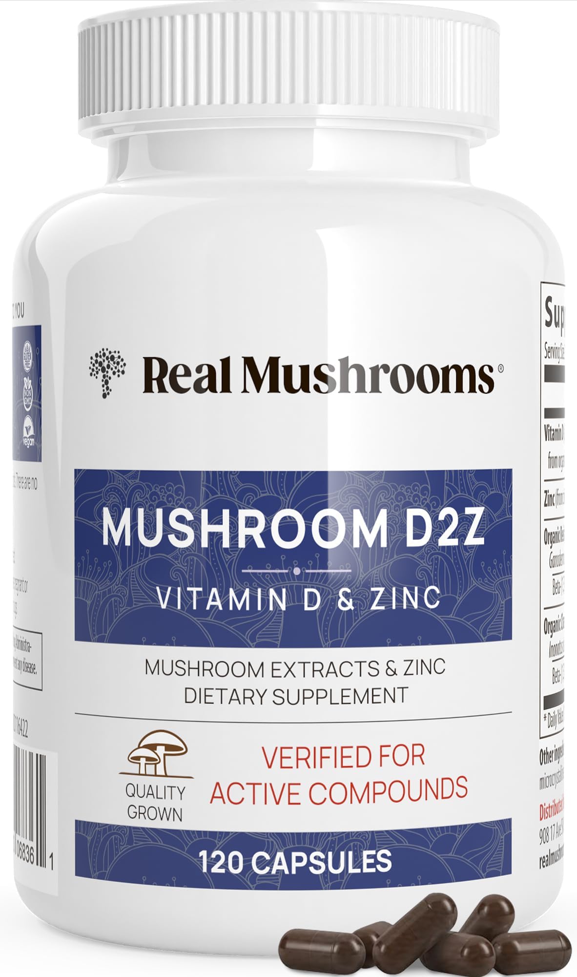 Real Mushrooms Zinc Supplements for Adults 120ct Vitamin D2 Immune Support with Chaga Reishi - Vegan, Gluten-Free, Non-GMO Vitamins Mushroom Capsules