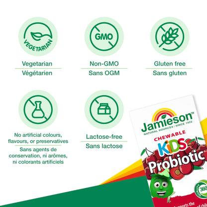 Jamieson Probiotic for Kids, 60 Chewable Tablets, 5 Billion CFU, Natural Cherry Flavour, Digestive and Intestinal Health. Non-GMO, No Artificial Colours, Flavours, or Preservatives, 60 Count
