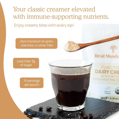 Real Mushrooms Functional Dairy Creamer - Coffee with Mushroom Extracts, Sweetened by Organic Lucuma Powder Maple Sap Powdered for Smoothies 90 Servings