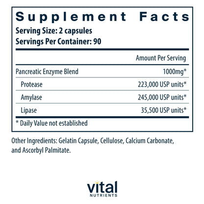 Vital Nutrients Pancreatic Enzymes 1000mg (Full Strength) | Pancreatin Digestion Supplement with Protease, Amylase & Lipase | Digestive Enzymes | Gluten, Dairy, and Soy Free | 180 Capsules