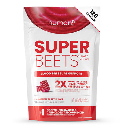HumanN SuperBeets Heart Chews, Nitric Oxide and Blood Pressure Support, Grape Seed Extract & Non-GMO Beet Root Powder Energy, Pomegranate Berry Flavor, 120 Count