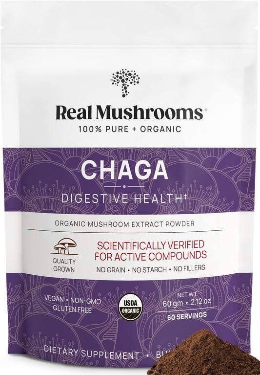 Real Mushrooms Chaga Powder - Organic Mushroom Supplement with Extract for Digestion, Energy, Immune Support Vegan Extract, Non-GMO, 150 Servings
