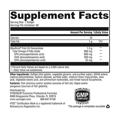 XYMOGEN Omega MonoPure 1300 EC - Fish Oil with 3X Greater Absorption - DHA EPA Omega 3 Supplement for Heart Health + Cognitive Support (60 Softgels)