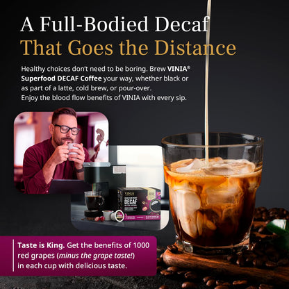 VINIA Blood Flow DECAF Coffee - Medium Roast Superfood Coffee Pods, Swiss Water Process Powered by Red Grape Piceid Resveratrol Boost Energy Keurig Compatible K-Cup Coffee Pods, Caffeine Free, 30 Ct
