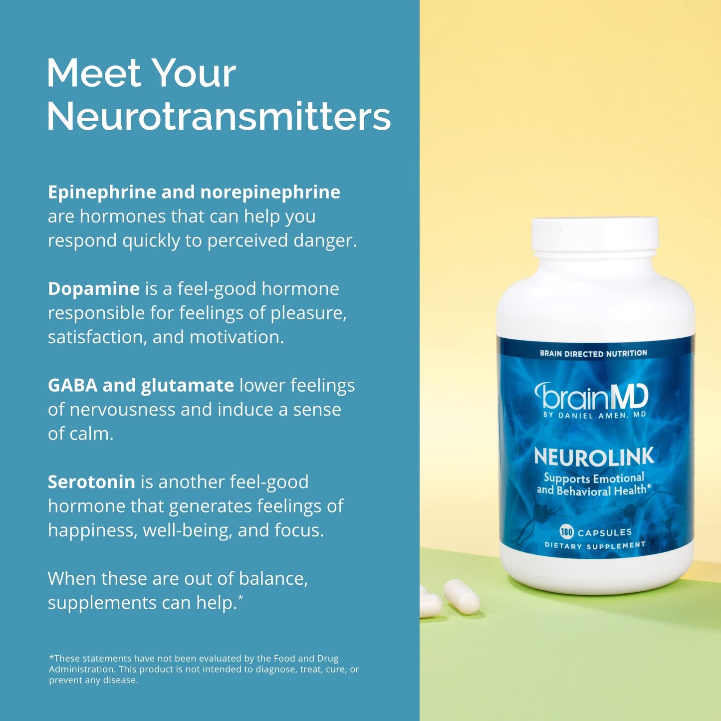 Dr Amen BrainMD NeuroLink - 180 Capsules - Promotes Optimal Brain Function, Focus & Concentration - Gluten Free - 45 Servings