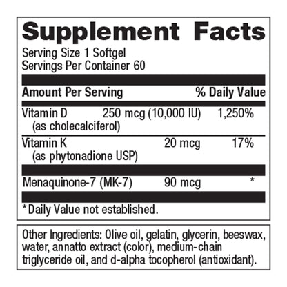 Metagenics Vitamin D3 + K - for Immune Support, Bone Health & Heart Health* - Vitamin D with MK-7 (Vitamin K2) - Non-GMO - Gluten-Free - 60 Softgels - 10,000 IU