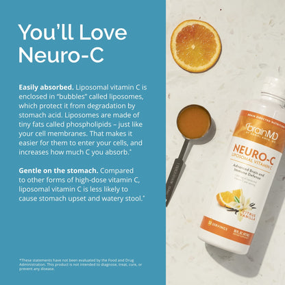 BRAINMD by Dr Amen Neuro-C, Citrus Vanilla - 16 fl oz - 1000 mg Liposomal Vitamin C - Advanced Brain & Immune Defense - Gluten Free - 32 Servings