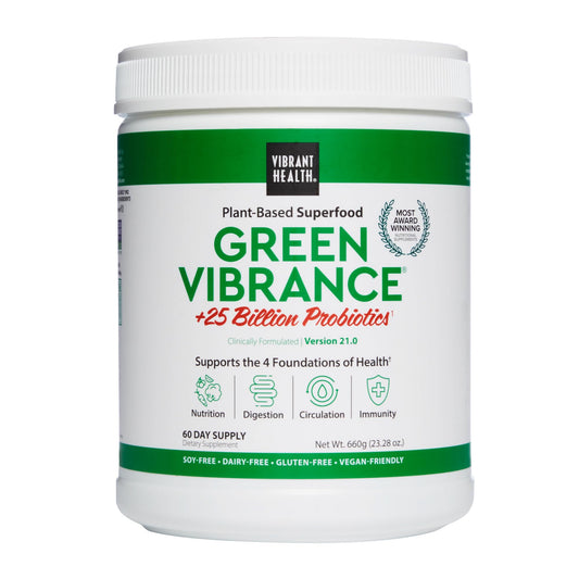 Vibrant Health, Green Vibrance, Includes 65 Plant-Based Superfoods, 25 Billion Probiotics, Fiber, Adaptogens & Enzymes, 60 Servings (FFP)