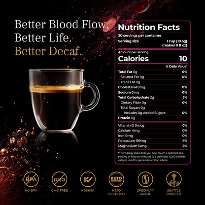 VINIA Blood Flow DECAF Coffee - Medium Roast Superfood Coffee Pods, Swiss Water Process Powered by Red Grape Piceid Resveratrol Boost Energy Keurig Compatible K-Cup Coffee Pods, Caffeine Free, 30 Ct