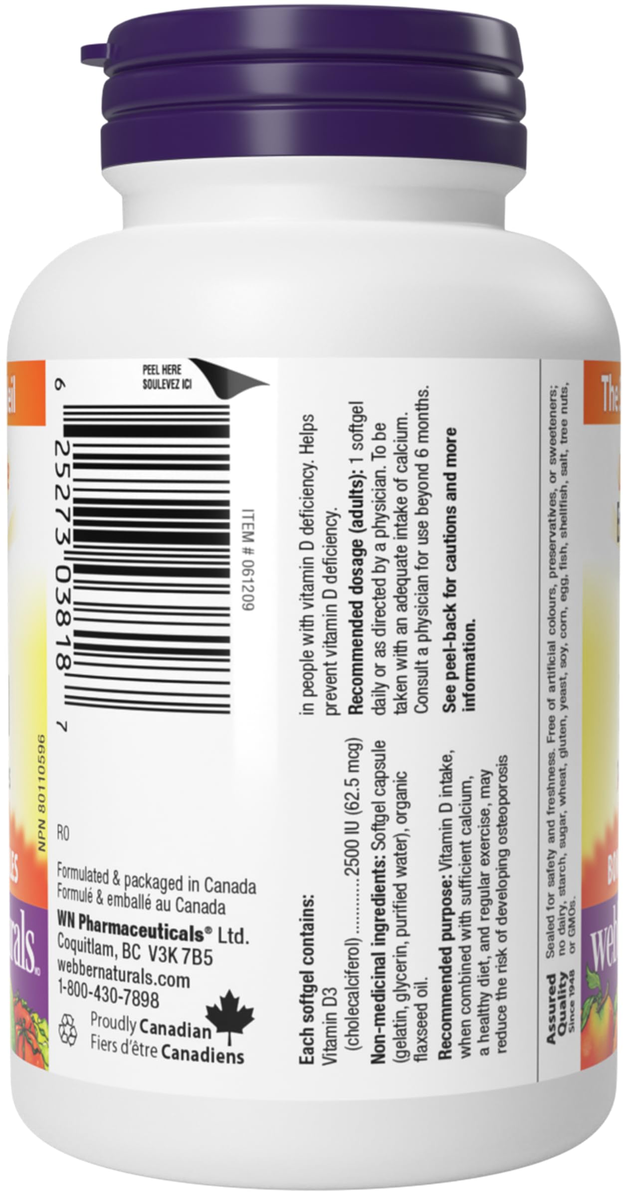 Webber Naturals Vitamin D3 2500 IU Extra Strength, 180 Softgels, For Healthy Bones, Teeth, and Helps Prevent Vitamin D Deficiency