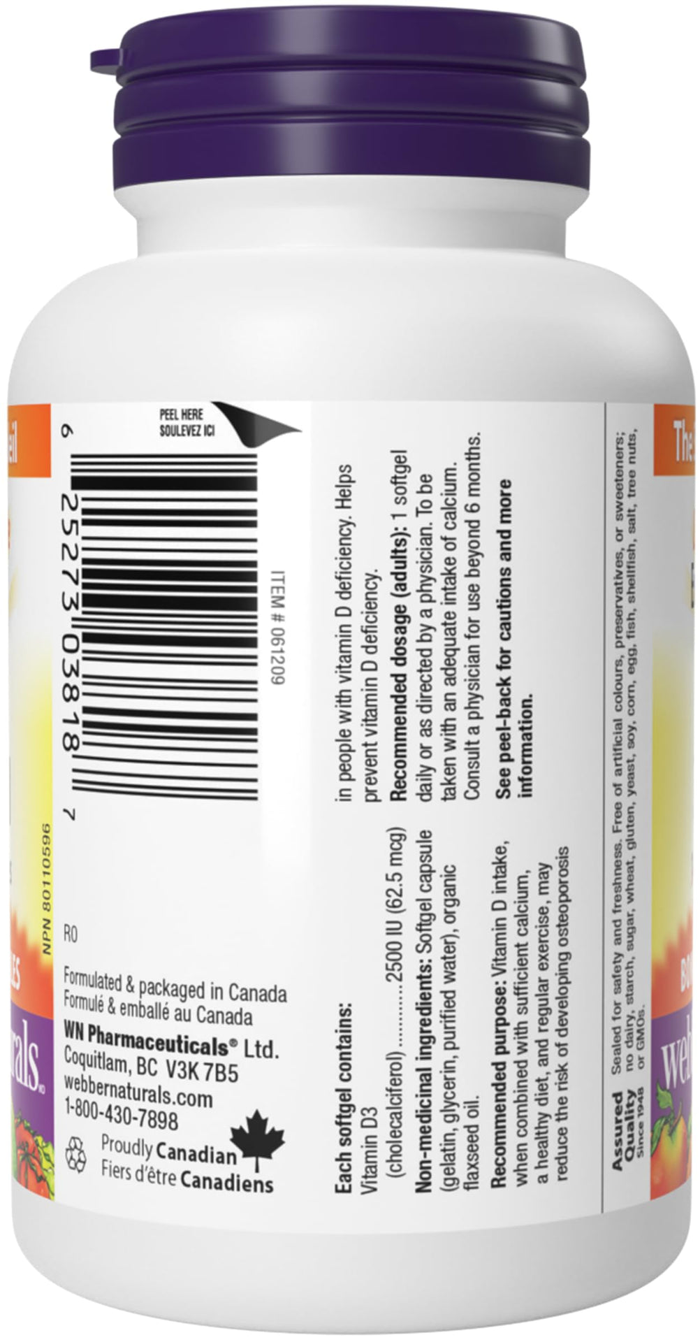 Webber Naturals Vitamin D3 2500 IU Extra Strength, 180 Softgels, For Healthy Bones, Teeth, and Helps Prevent Vitamin D Deficiency