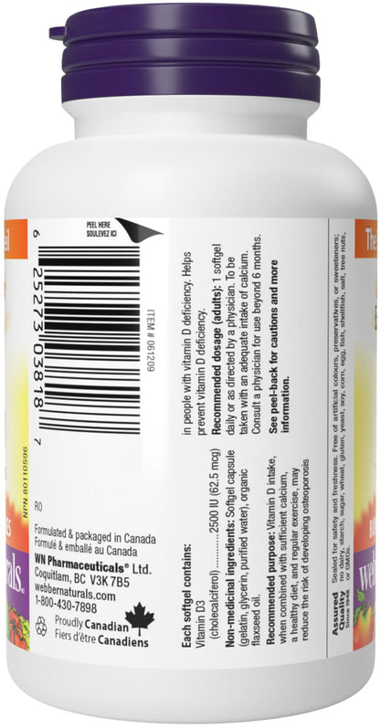Webber Naturals Vitamin D3 2500 IU Extra Strength, 180 Softgels, For Healthy Bones, Teeth, and Helps Prevent Vitamin D Deficiency