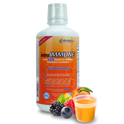 intraIMMUNE DRUCKER Labs Organic Liquid Daily Immune & Defense Support, Multivitamin, Elderberry, Echinacea, Prebiotics, Zinc, Vitamin D, C E, Vegan, Non GMO, Gluten Free (32 oz., Peach Berry)