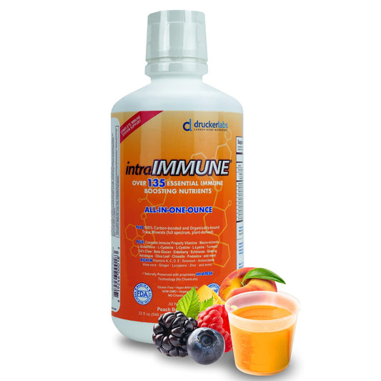 intraIMMUNE DRUCKER Labs Organic Liquid Daily Immune & Defense Support, Multivitamin, Elderberry, Echinacea, Prebiotics, Zinc, Vitamin D, C E, Vegan, Non GMO, Gluten Free (32 oz., Peach Berry)