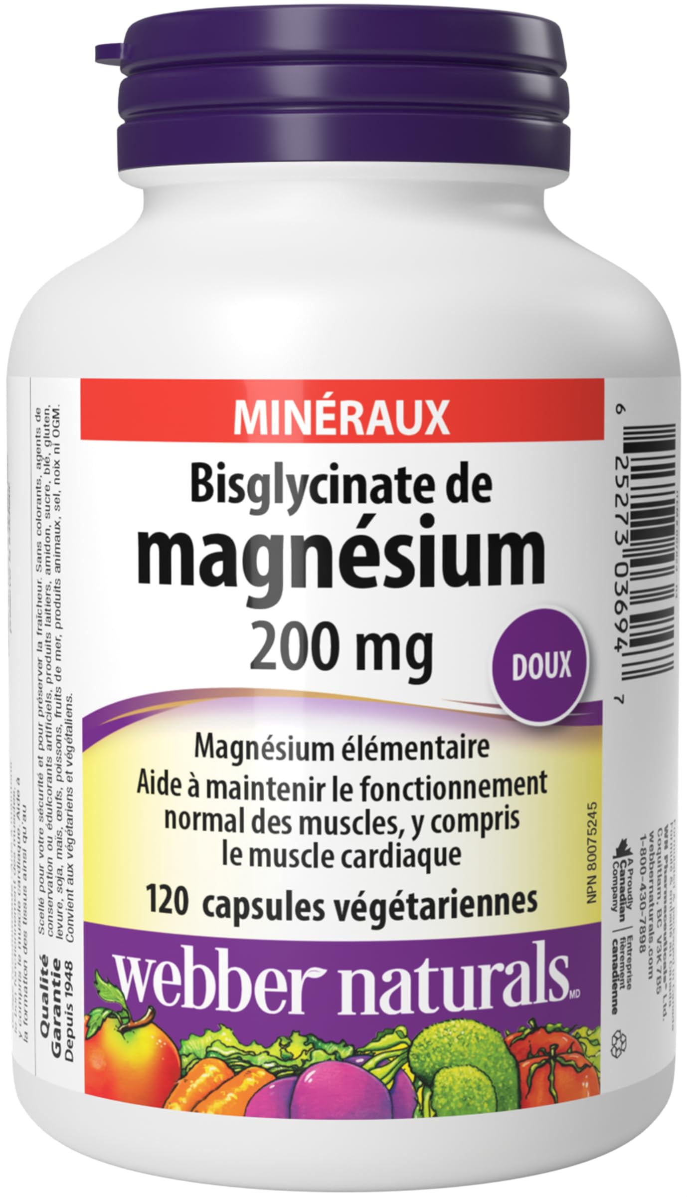 Webber Naturals Magnesium Bisglycinate 200 mg, 120 Capsules, Supports Bone and Muscle Functions, Vegan