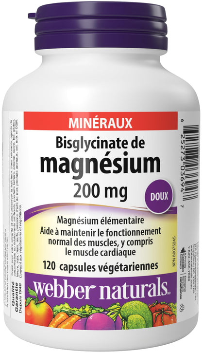 Webber Naturals Magnesium Bisglycinate 200 mg, 120 Capsules, Supports Bone and Muscle Functions, Vegan