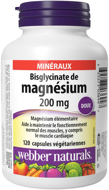 Webber Naturals Magnesium Bisglycinate 200 mg, 120 Capsules, Supports Bone and Muscle Functions, Vegan