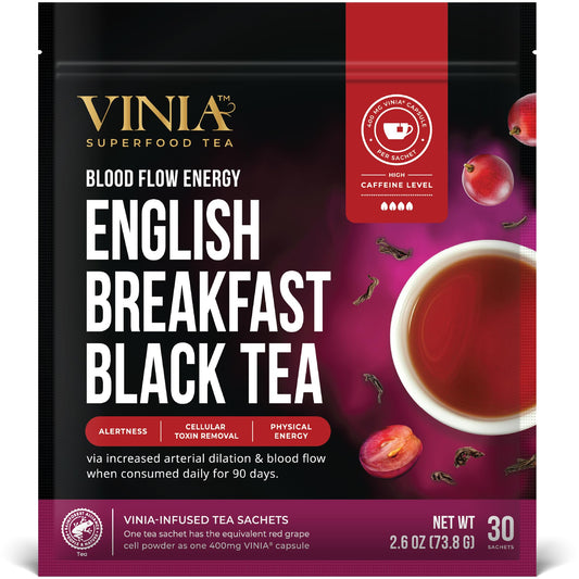VINIA English Breakfast Black Tea Bags, Made with Organic Tea, Infused with Piceid Resveratrol for Heart Health, Nitric Oxide, Physical Energy, Alertness, Blood Flow, Keto, Kosher, NON-GMO. (30)