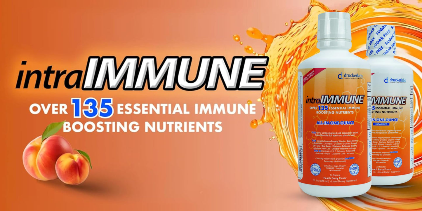 intraIMMUNE DRUCKER Labs Organic Liquid Daily Immune & Defense Support, Multivitamin, Elderberry, Echinacea, Prebiotics, Zinc, Vitamin D, C E, Vegan, Non GMO, Gluten Free (32 oz., Peach Berry)